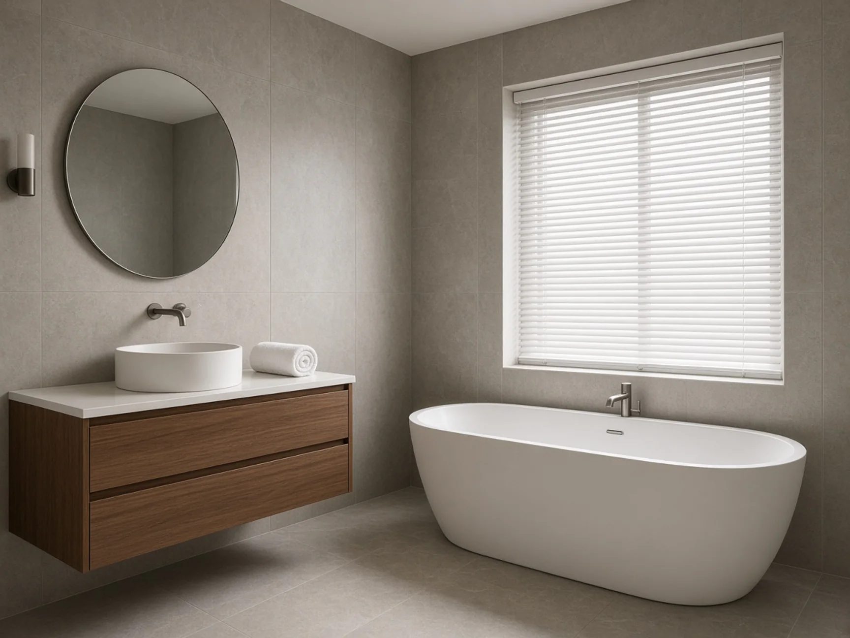 חדר רחצה באריחים אפורים עם אמבטיה עומדת וארון עץ תלוי, וילון ונציאני אלומיניום לבן מורד על החלון