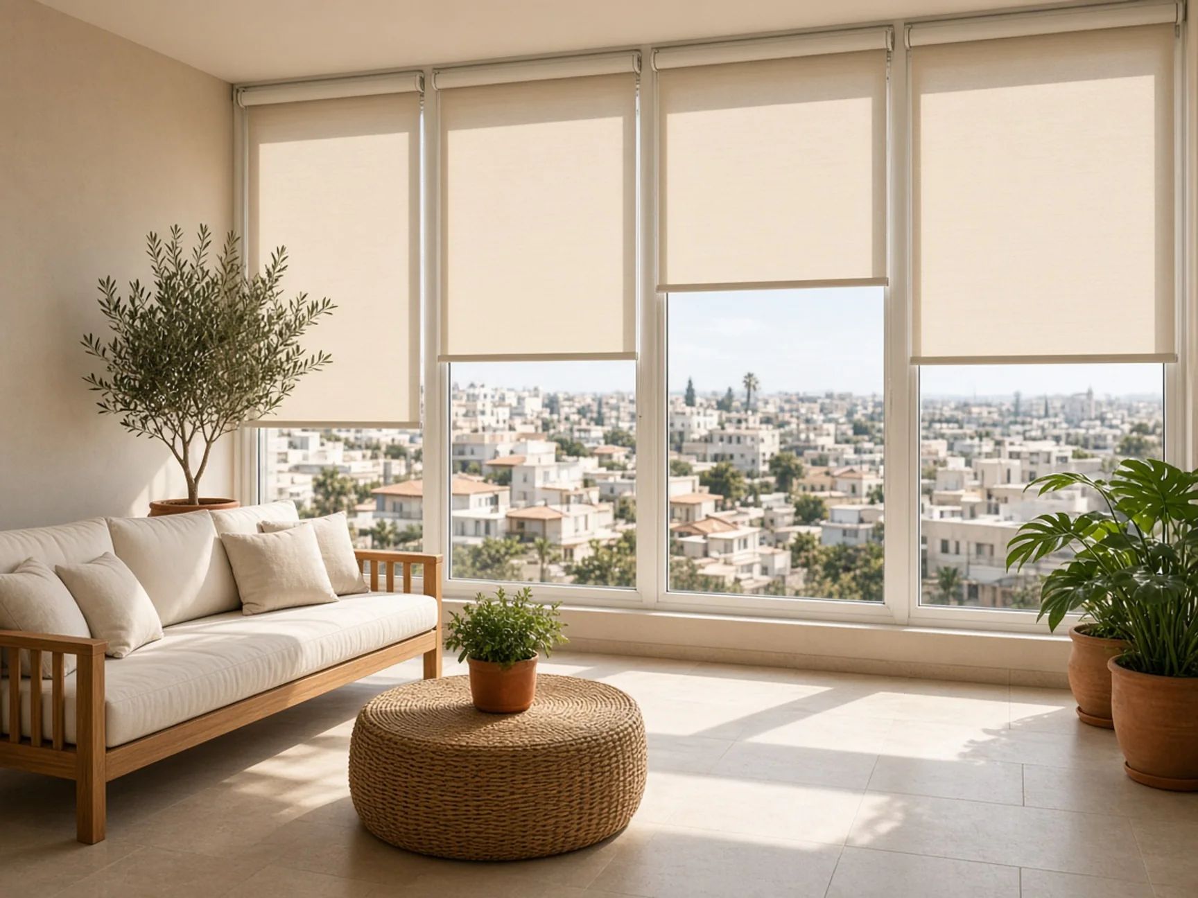 מרפסת שמש סגורה עם ספת עץ ושולחן קש, ווילונות גלילה בגוון שמנת על כל אחד מחלונות ההזזה